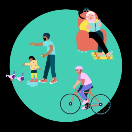 illustration of people reading, feeding the ducks and riding a bike