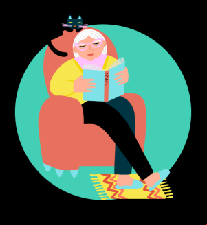 Illustration of women reading book sat in armchair