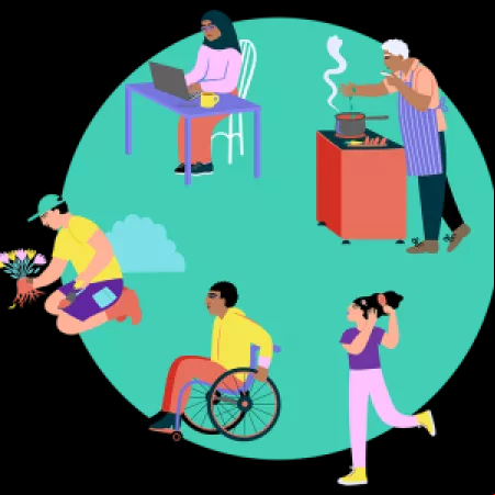 illustrations of people doing various activities including: gardening, typing, cooking, moving in a wheelchair and brushing hair
