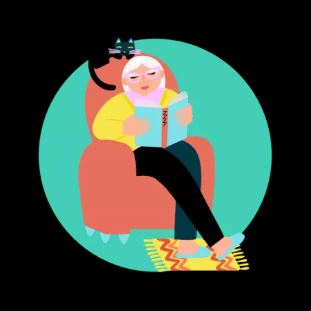 Illustration of women reading book sat in armchair